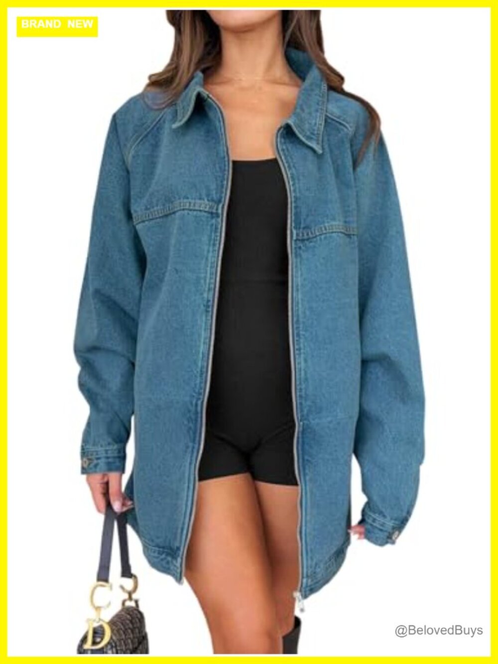 Oversized Zip Up Denim Jacket Long Sleeve Relaxed Fit Jean Jacket